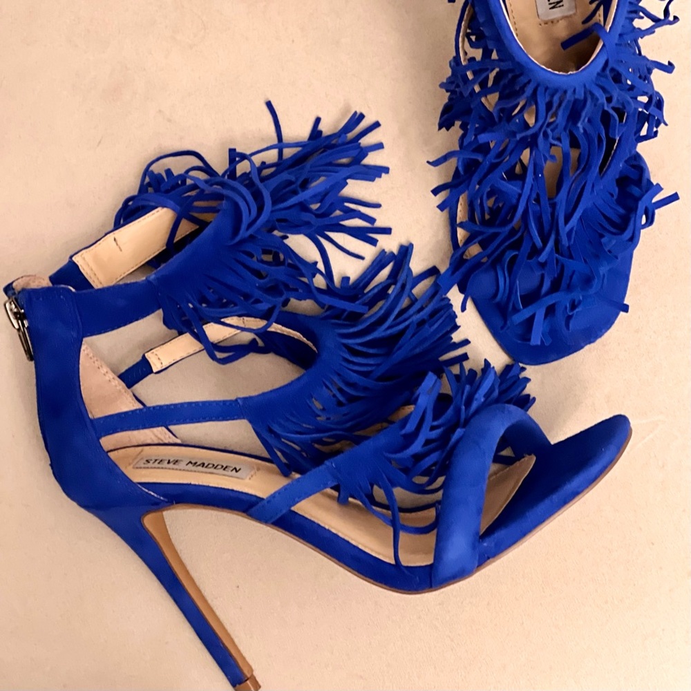 Steve Madden FRINGLY Blue Suede 4.5 inch Heels size 7.5